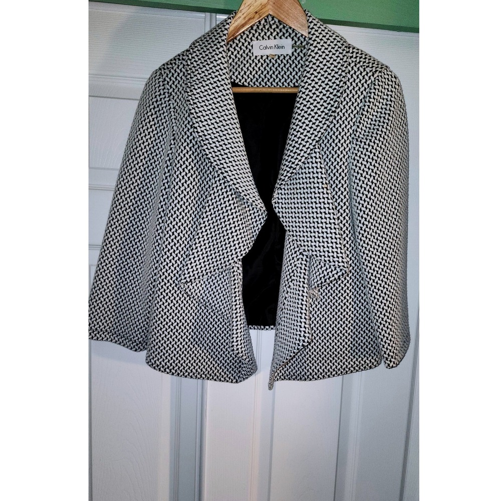 Calvin Klein Womens 14P Black White Geometric Basketweave Open Front Blazer